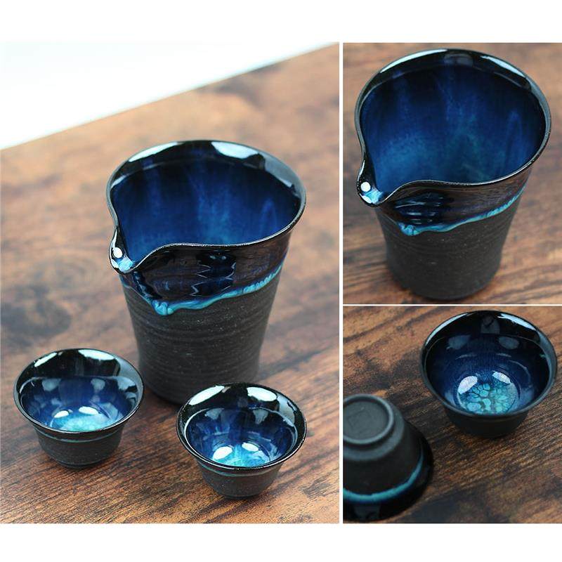 免息分期 日本直邮手工制作信乐烧湖镜蓝酒杯咖啡杯公道杯清酒杯