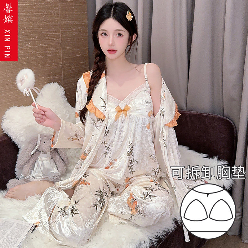 馨嫔女金丝绒带胸垫纯欲性感睡衣