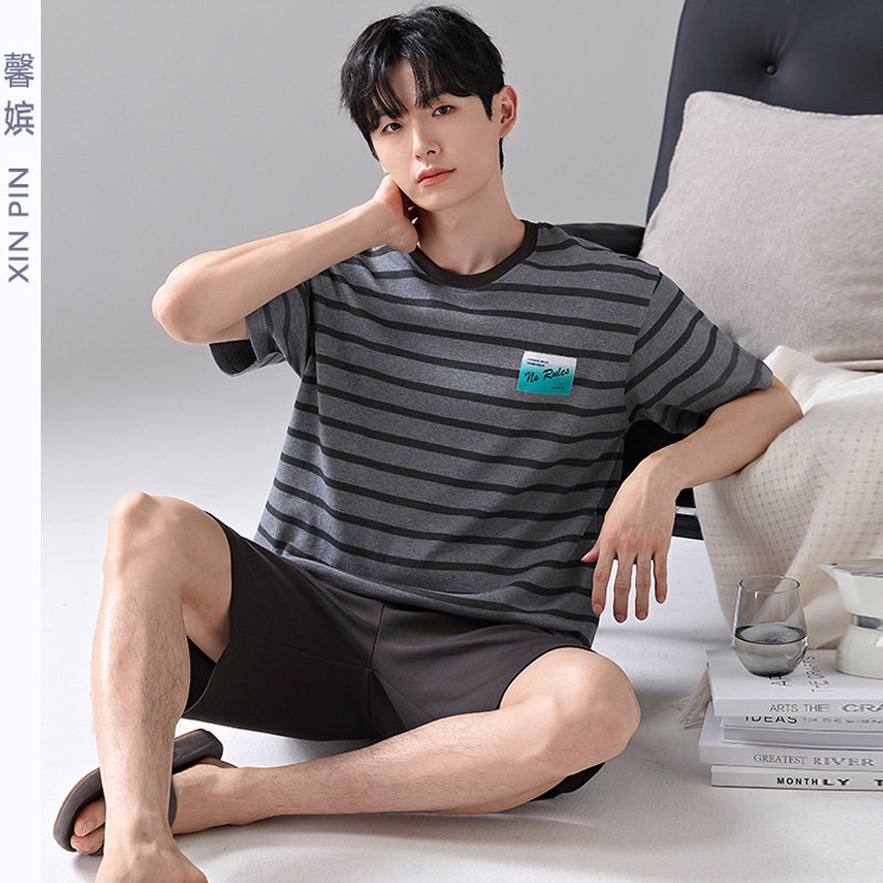 男士纯棉圆领短袖睡衣中青年宽松运动加大码薄款套头可外穿家居服