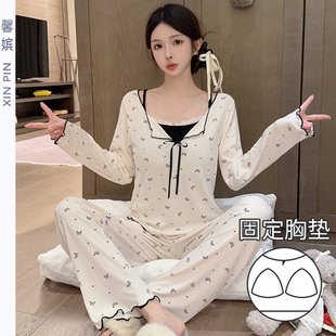 带胸垫一体长袖睡衣女春秋季莫代尔套头甜美网红新款可爱少女套装