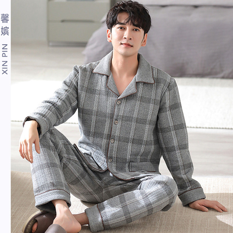 秋冬夹层加棉睡衣男长袖加厚三层夹棉保暖开衫爸爸翻领空气棉套装
