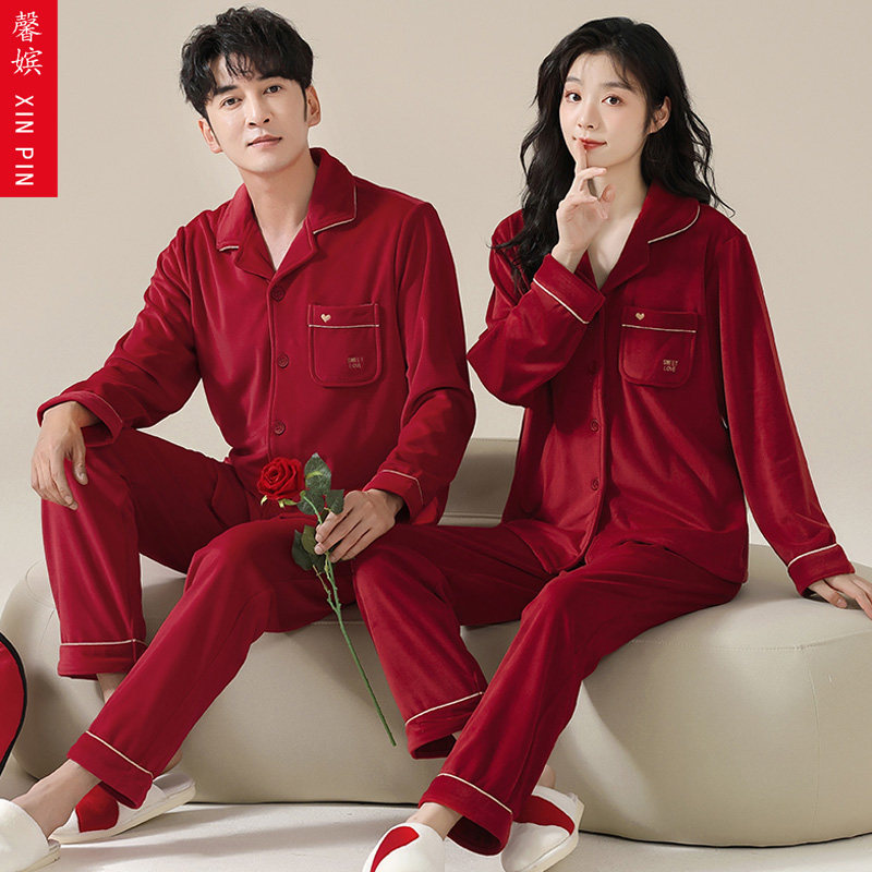 情侣开衫红色结婚睡衣男女秋冬海岛绒长袖加厚保暖套头本命年套装