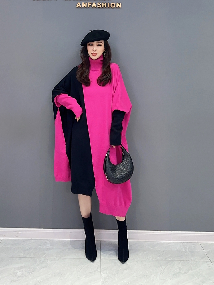 2025 秋新款韩版高领针织撞色不规则中长连衣裙时尚潮流重工女装