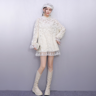 2026春新款蕾丝衫女长袖镂空荷叶边高领宽松显瘦优雅百搭打底衬衫