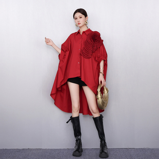 小众设计感2025秋新款女衬衫宽松大码立体花朵斗篷上衣洋气时尚潮