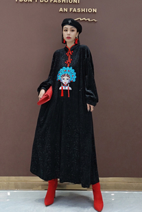 2025 秋季新款时尚连衣裙中国风金丝绒中长裙大码女装