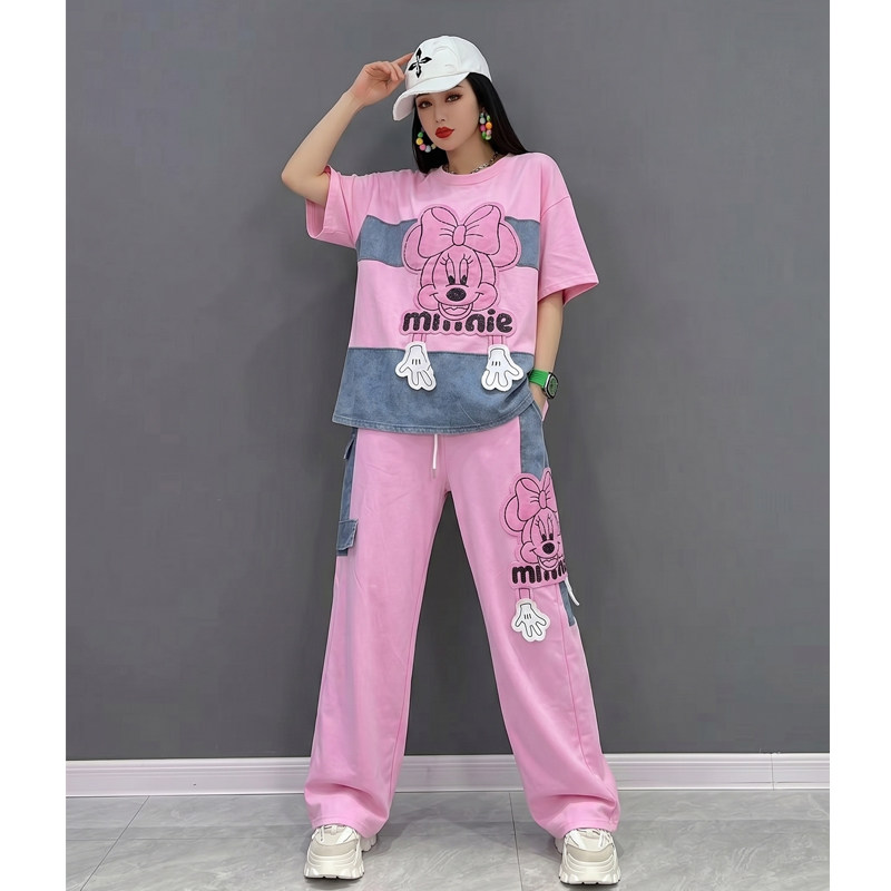 时尚卡通印花牛仔套装女夏短袖T恤长裤两件套宽松休闲潮流穿搭