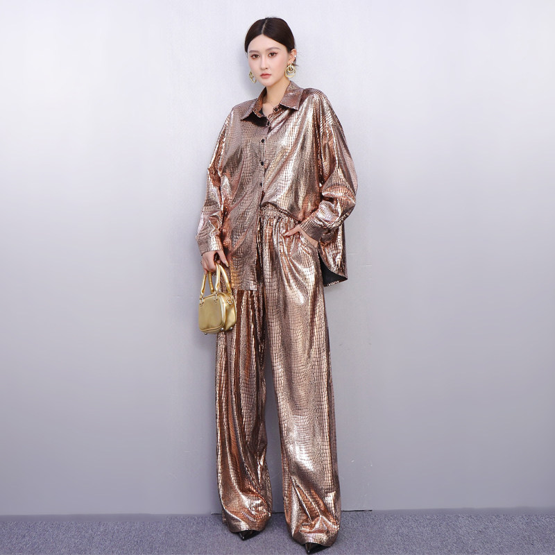 设计感2025秋冬新款套装女宽松亮面纹上衣阔腿长裤两件套时尚显瘦,女装/女士精品,时尚套装,淘宝优惠券,粉丝福利购,淘宝优惠卷