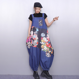 2025秋冬新款女牛仔背带裤宽松显瘦印花拼接连体裤灯笼背带裙裤