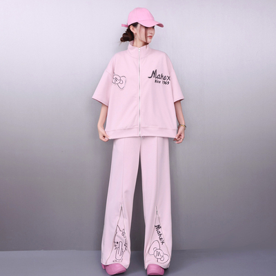 春季女印花拉链外套长裤两件套