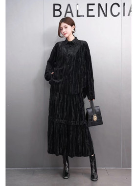 卫衣半身裙宽松两件套一排扣法式时尚套装褶皱衣服2026夏季新款女