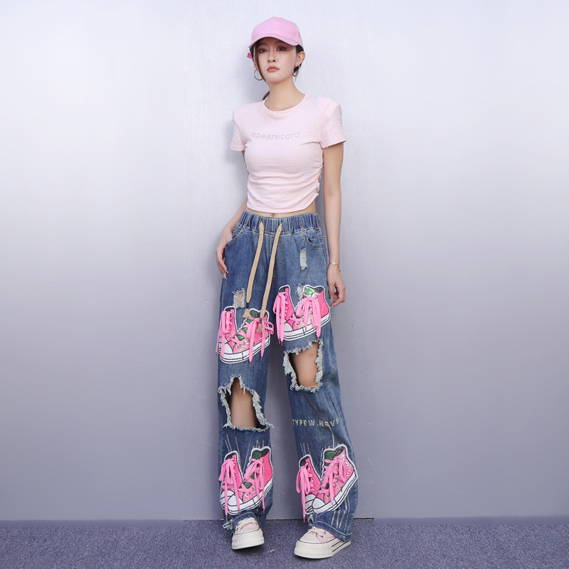 设计感2025秋新款女破洞牛仔裤宽松亮片绣花扎带长裤时尚显瘦休闲,女装/女士精品,牛仔裤,淘宝优惠券,粉丝福利购,淘宝优惠卷