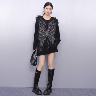 2025秋冬新款女卫衣宽松蝴蝶钉珠立体花朵上衣时尚休闲减龄气质