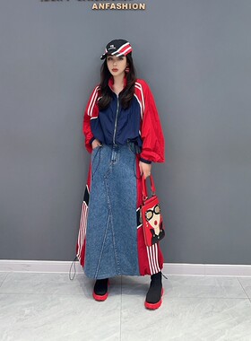 2026 秋新款韩版气质牛仔拼接撞色款单件半身裙显瘦百搭时尚女装