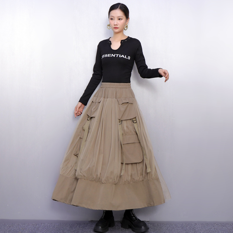 设计感2025秋新款女半身裙宽松工装口袋A字长裙时尚优雅复古休闲