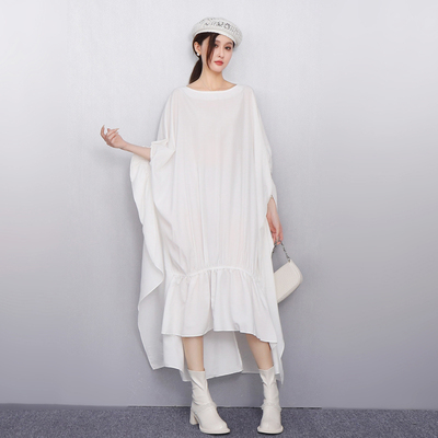 小众设计感2025秋新款女连衣裙宽松大码不规则荷叶边长裙时尚显瘦