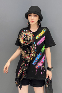 2026春季女士新款重工T恤立体花朵飘带镶钻短袖时尚休闲华丽宽松
