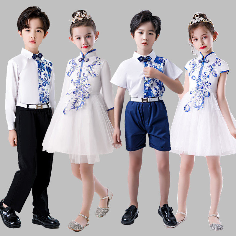 新款儿童朗诵合唱演出服比赛男女童中国风中小学生青花瓷表演服装