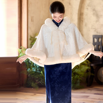 白色加厚加绒旗袍披肩斗篷秋冬女