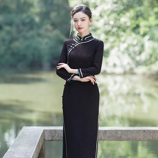 妈妈长款 气质复古改良长袖 日常高端 女黑色加厚年轻款 旗袍秋冬新款