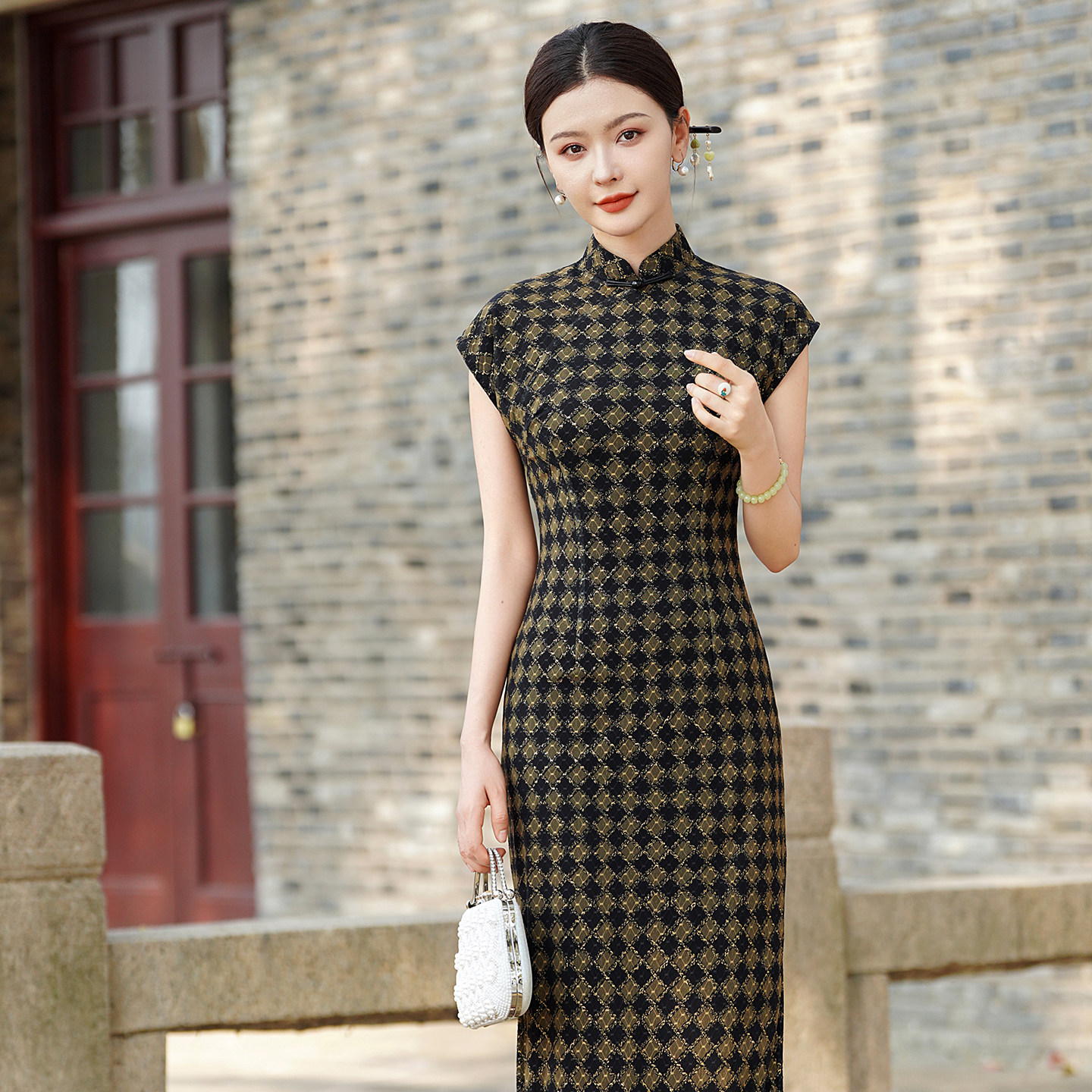 复古格子旗袍2025夏季新款女高端