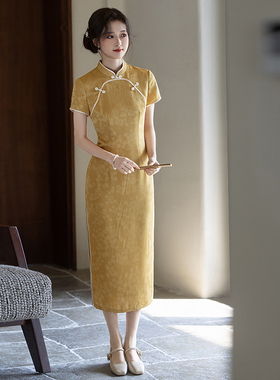 高端改良旗袍女年轻款素雅短袖黄色长款春夏新款高考送考金榜题名