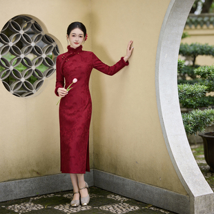 显瘦长款 旗袍女加厚保暖修身 订婚拜年回门穿 复古风红色长袖 新中式