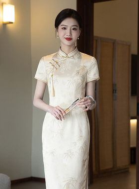 高考送考竹叶旗袍2025夏季新款妈妈年轻黄色送考高端飞黄腾达日常