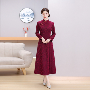 精致气质复古连衣裙时红色瘦奥黛改良旗袍女妈妈装 新款 2025年冬季
