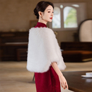 加厚复古新中式 2025年秋冬红色旗袍披肩外套开衫 皮草专用白色长款