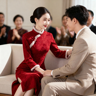 红色长袖旗袍女冬季新款加绒加厚复古改良气质高级新娘结婚敬酒服