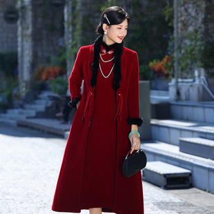 旗袍披肩加绒苏式 大衣外套女秋冬高级感新款 高端妈妈外搭加厚长袖