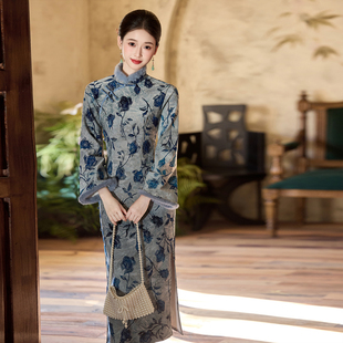 新款 加绒保暖女年轻款 秋冬季 高端复古优雅修身 长袖 改良旗袍倒大袖