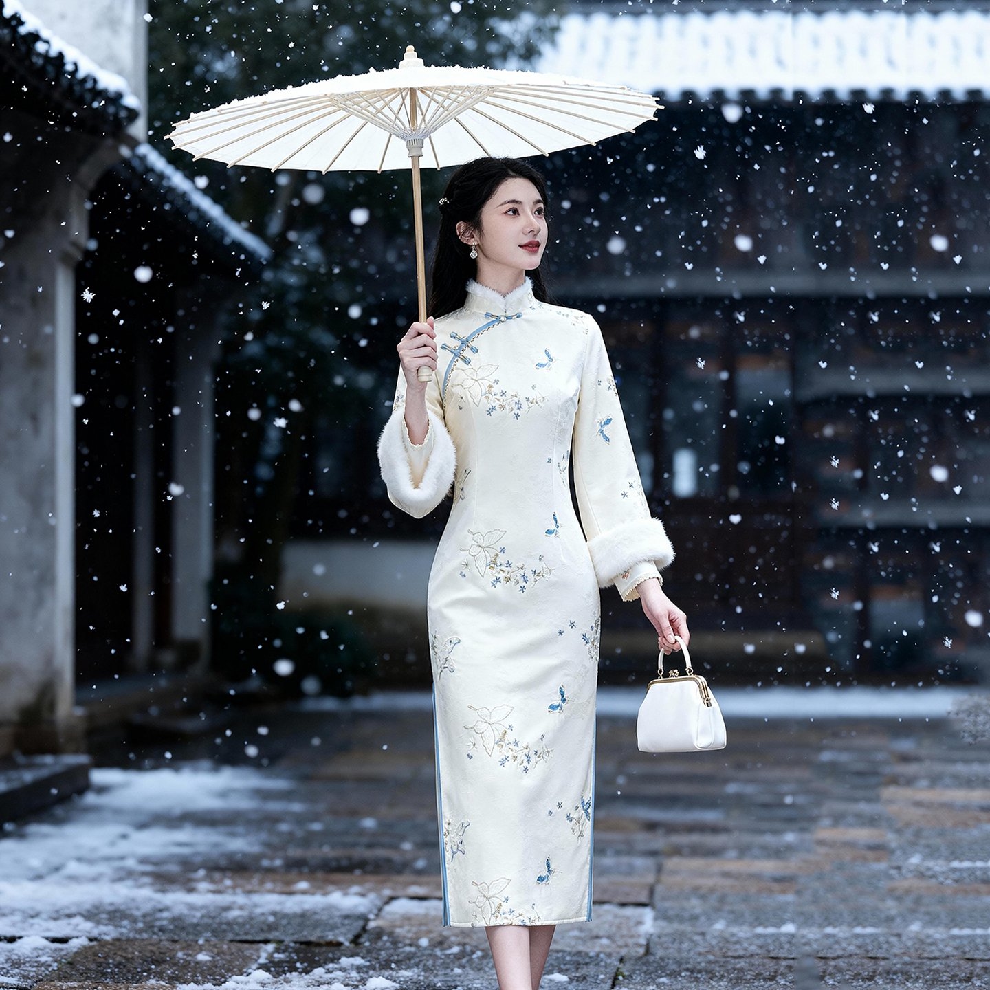 新中式绣花旗袍秋冬白色加绒保暖