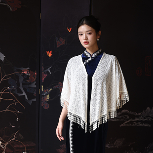 2025年新款 中国风流苏镂空女 蕾丝披肩旗袍外搭配裙子复古外套薄款