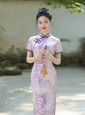 紫色印花旗袍气质年轻夏新款新中式改良女日常可穿优雅高级感韵味