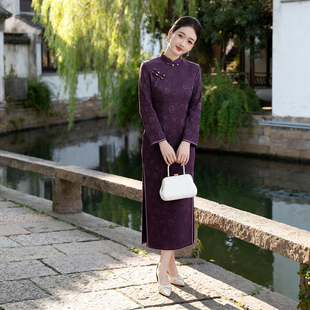 气质妈妈装 紫色复古旗袍女新款 修身 改良长袖 加厚保暖高端优雅中式