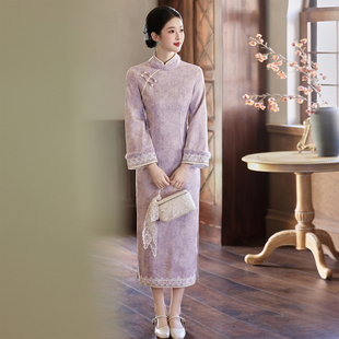 显瘦长袖 紫色绝美温婉大气修身 日常改良加绒加厚 秋冬季 旗袍女新款