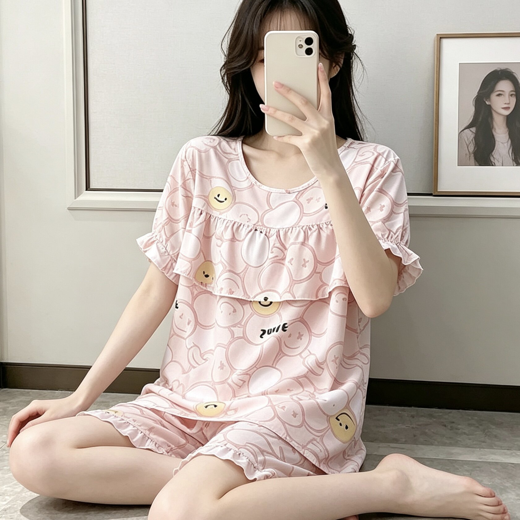 甜美笑脸印花防凸点睡衣女款夏季透气宽松可外穿短袖短裤家居服