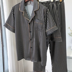 长裤 潮流短袖 短裤 条纹气质三件套家居服 开衫 女款 睡衣夏季 2025新款