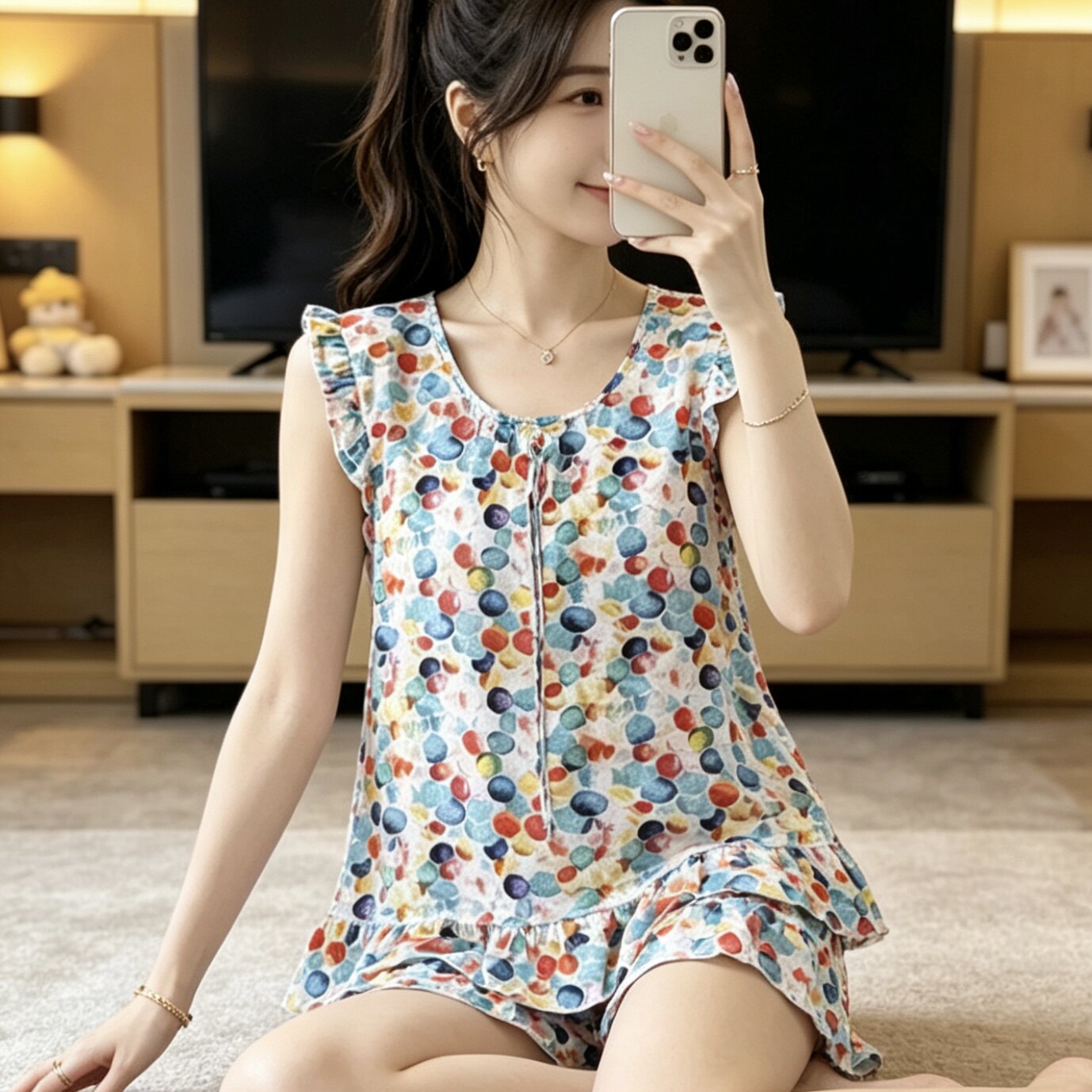 夏季彩色波点印花图案无袖睡衣套装女荷叶边宽松透气舒适居家服