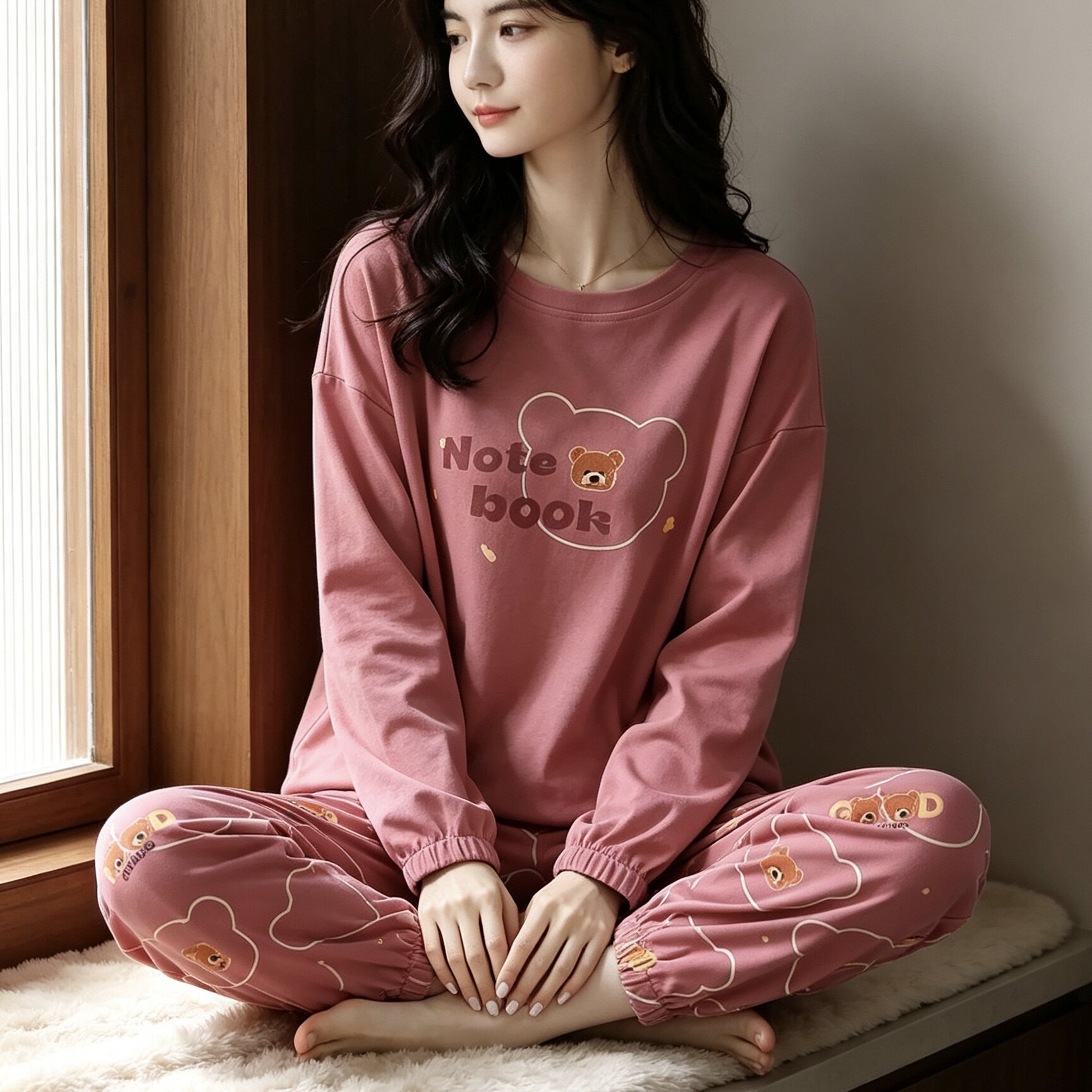 女士小熊印花可外穿睡衣两件套