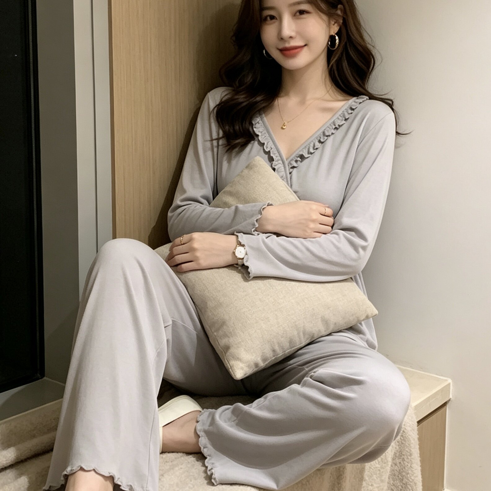 春秋女V领木耳边睡衣套装家居服