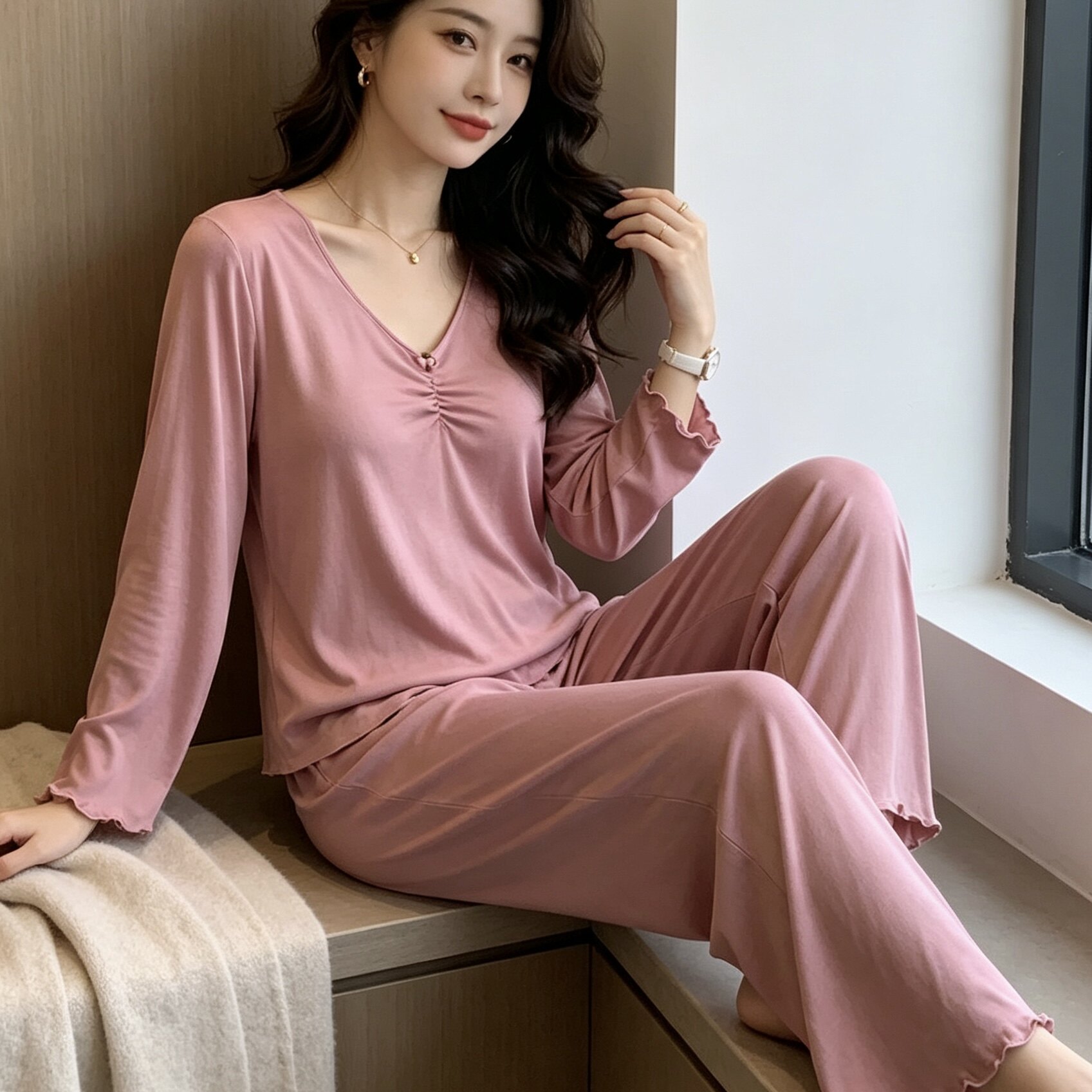 春秋季豆沙粉女V领抽褶睡衣套装