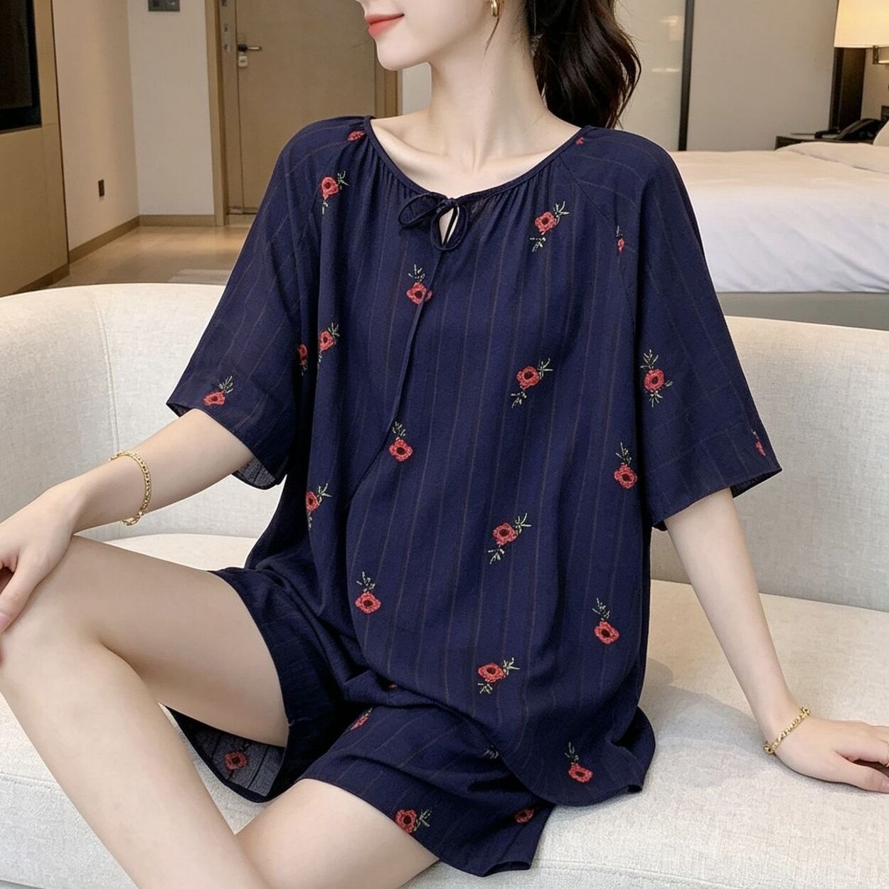 藏青竖纹小红花短袖短裤两件套女系带圆领宽松可外穿休闲居家套装