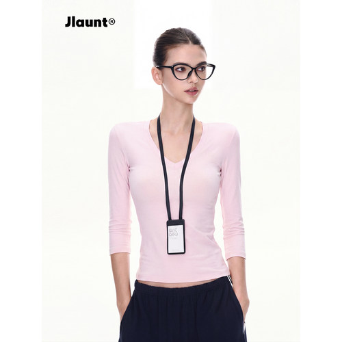 JLAUNT粉红色短袖t恤女夏设计感
