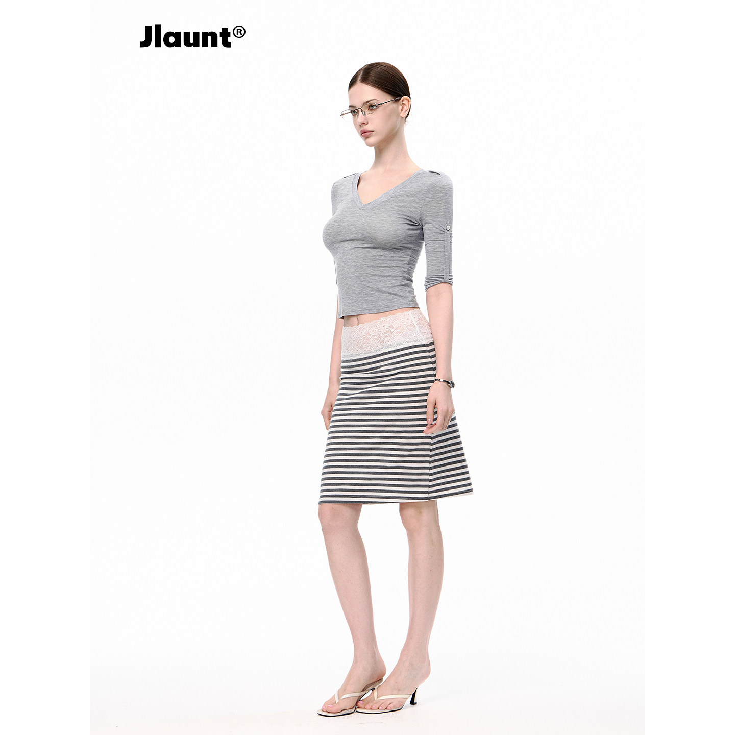 JLAUNT 灰色条纹半身裙女设计感小众修身显瘦A字裙辣妹包臀短裙子