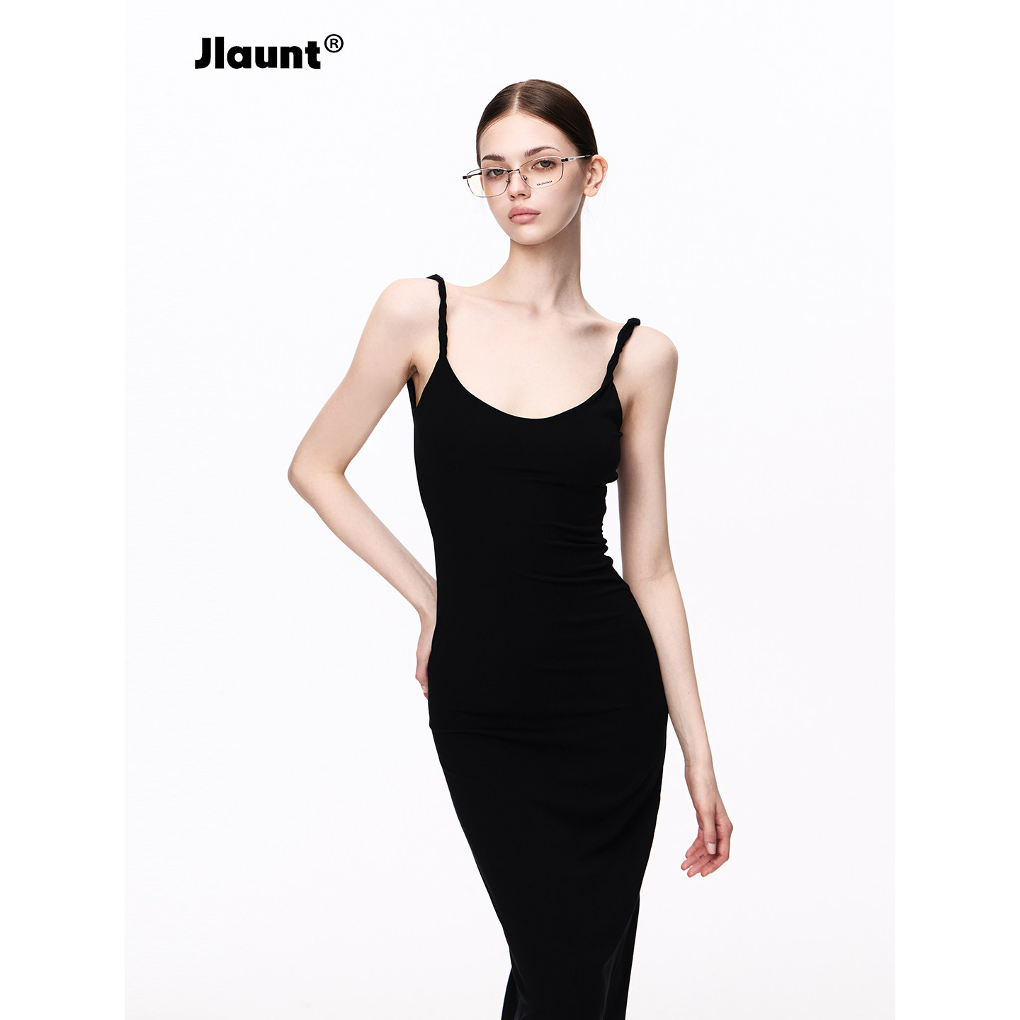 JLAUNT 莫代尔黑色连衣裙女夏修身收腰美式辣妹长款吊带包臀裙子