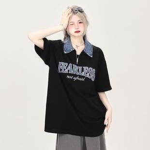 休闲宽松半袖 特大码 t恤女夏季 胖mm美式 上衣潮 复古牛仔Polo领短袖