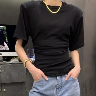垫肩短袖 t恤女收腰小圆领棉质高弹显瘦正肩上衣夏新款 内搭打底衫
